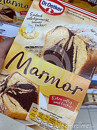 Closeup of box Dr. Oetker ready marble cake baking mix in german supermarket Editorial Stock Photo
