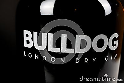 Closeup of britain bulldog london dry gin bottle label lettering Editorial Stock Photo