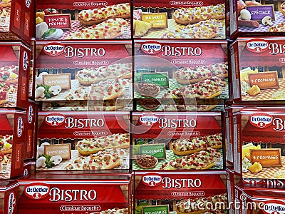 Closeup of isolated boxes with Dr. Oetker frozen bistro baguettes in cooling counter Editorial Stock Photo