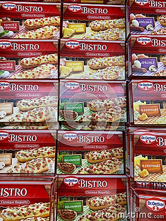 Closeup of isolated boxes with Dr. Oetker frozen bistro baguettes in cooling counter Editorial Stock Photo