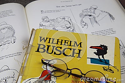 View on isolated old vintage book of german humorist author Wilhelm Busch Editorial Stock Photo