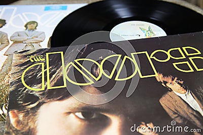 View on isolated vinyl records collection from the american rock band The Doors Editorial Stock Photo