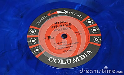 Closeup of jazz musician Miles Davis Kind of blue fifties vinyl record label from columbia records Editorial Stock Photo