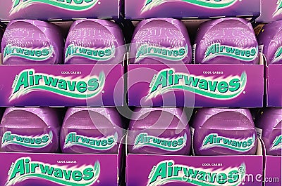 Closeup of purple cool cassis Airwaves chewing gums in shelf of german supermarket Editorial Stock Photo