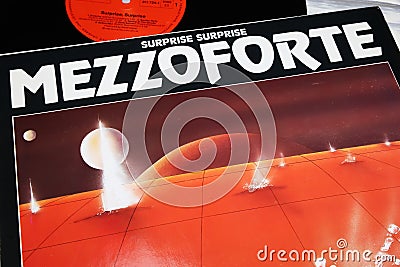 Closeup of vinyl record album cover of icelandic funk fusion band Mezzoforte, 1983 Editorial Stock Photo