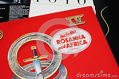 Closeup of vinyl record album cover of rock band Toto Editorial Stock Photo