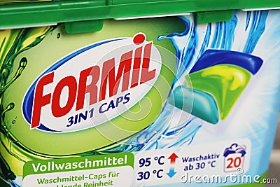 Closeup of box Lidl discounter Formil washing detergent caps Editorial Stock Photo