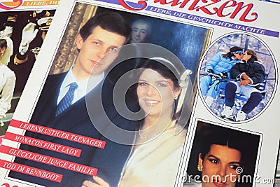 Closeup of german magazine cover with story about royal romance between Princess Caroline from Monaco and Stefano Casiraghi Editorial Stock Photo