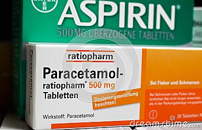 Closeup of paracetamol and aspirin painkilller pills packages on wood table Editorial Stock Photo