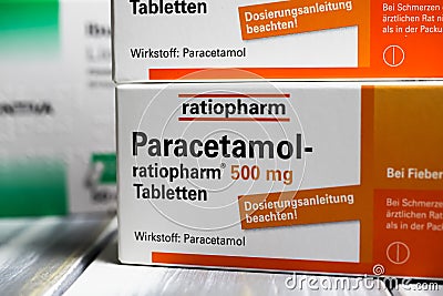 Closeup of paracetamol painkilller pills packages on wood table focus on center of word paracetamol Editorial Stock Photo