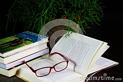 View on open book with red reading glasses and stack of travel books Editorial Stock Photo