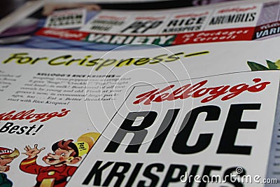 Close up of Kellogs rice krispies advertising in vintage magazine from the sixties Editorial Stock Photo