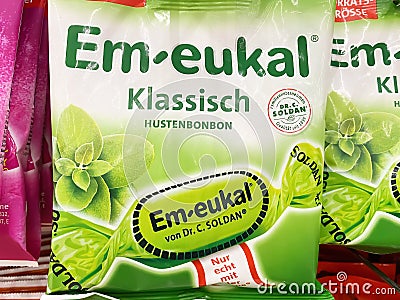 Close-up of bag of Em Eukal sugar-free menthol cough drops Editorial Stock Photo
