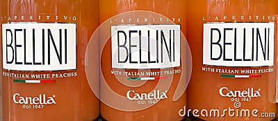 Closeup of bottles italian Bellini peach aperitif Editorial Stock Photo