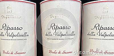 Closeup of italian Corte Figaretto Ripasso della Valpolicella wine bottles Editorial Stock Photo