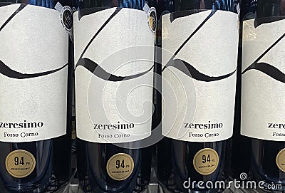 Closeup of italian Zeresimo red wine bottles Editorial Stock Photo