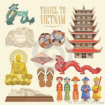 Vietnam card with vietnamese traditional objects Vector Illustration