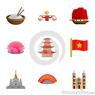 Vietnam country icon set, cartoon style Vector Illustration