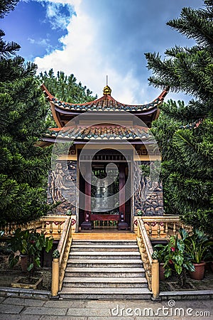 Vietnam. Dalat. A staircase leading to the central entrance to the pagoda. Stock Photo