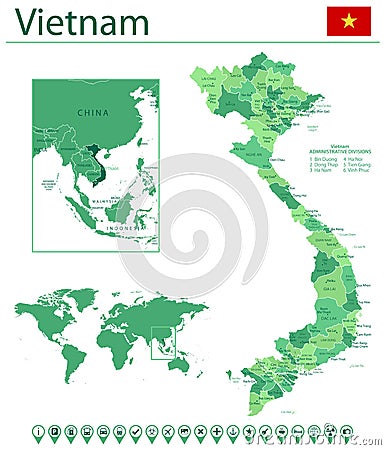 Vietnam detailed map and flag. Vietnam on world map Vector Illustration