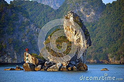 Small distinctive limestone karst, Halong Bay Vietnam Stock Photo