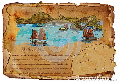 Vietnam - Ha Long Bay. Hand drawing. Cartoon Illustration