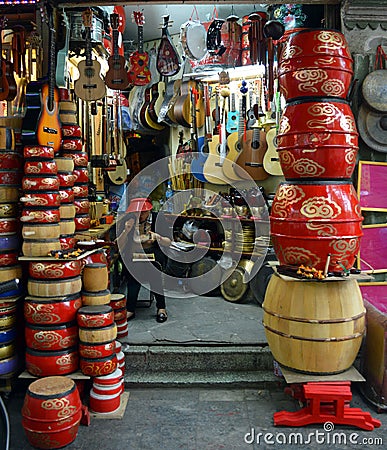 Shop selling traditional Vietnamese drums and guitars Hanoi Vietnam Editorial Stock Photo