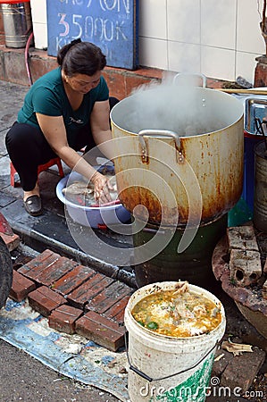 Lady preparing poultry ready for the boiling hot pot, Hanoi Vietnam Editorial Stock Photo