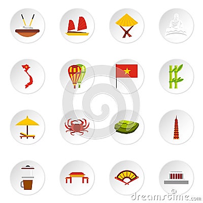 Vietnam icons set, flat style Vector Illustration