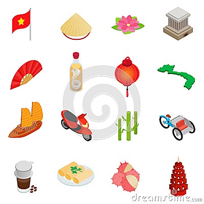 Vietnam icons set, isometric 3d style Vector Illustration