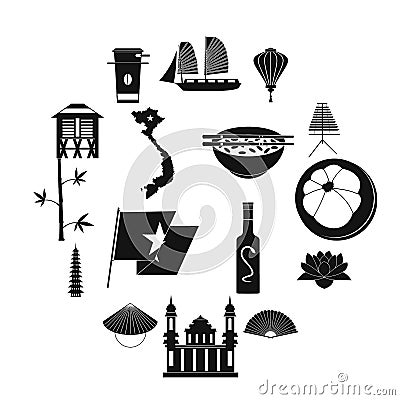 Vietnam icons set, simple style Vector Illustration