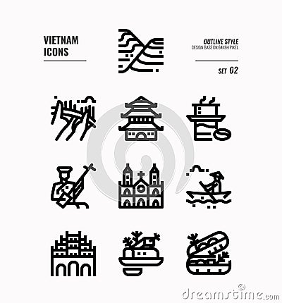 Vietnam line icon set 2. Include landmark, people, food, culture and more. Vector Illustration