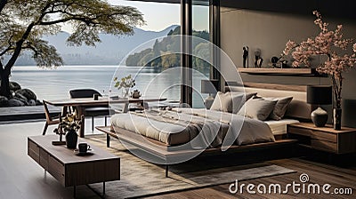 Vietnam Modern style bedroom with LAKE view in minimalism simplicity and outdoor views Stock Photo