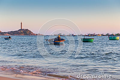 Vietnam village fishing boats ships sunset light Stock Photo