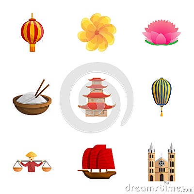 Vietnam travel icon set, cartoon style Vector Illustration