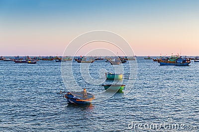 Vietnam village fishing boats ships sunset light Stock Photo