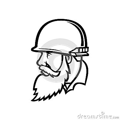 Vietnam War American Soldier Wearing Combat Helmet with Full Beard Mascot Black and White Vector Illustration