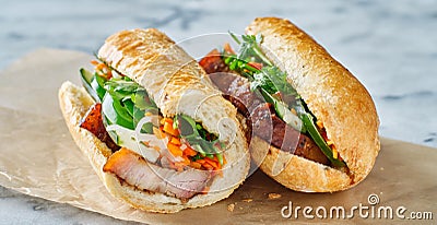 Vietnamese bahn mi sandwich with pork belly Stock Photo