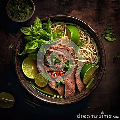 Vietnamese beef noodle soup with herbs and lime on dark background Stock Photo