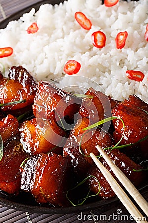 Vietnamese caramelized pork belly with rice macro. Vertical Stock Photo