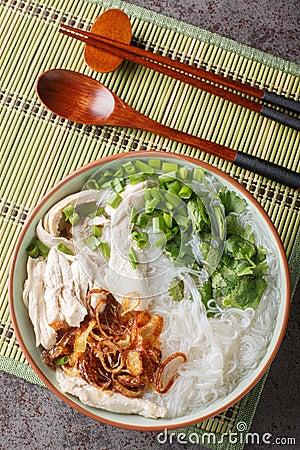 Vietnamese Chicken Soup with Glass Noodles Mien Ga closeup on the bowl. Vertical top view Stock Photo