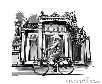 Vietnamese with conical hat on bicycle Vector Illustration