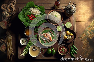 Vietnamese cuisine on large table Stock Photo