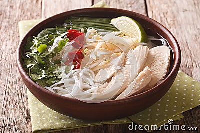 Vietnamese cuisine: soup Pho Ga with chicken, rice noodles and f Stock Photo
