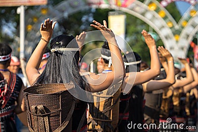 Vietnamese ethnic minority people closeup wears traditional costumes performing a traditional dance at an event organised in Dakla Editorial Stock Photo