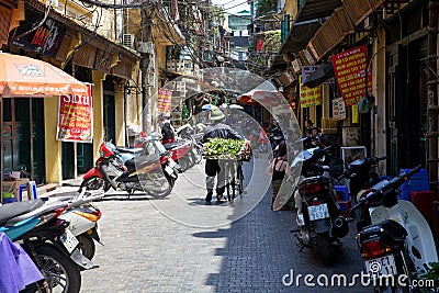 Vietnamese flower vendor with bicycle on the street of Hanoi Editorial Stock Photo