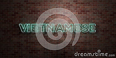 VIETNAMESE - fluorescent Neon tube Sign on brickwork - Front view - 3D rendered royalty free stock picture Stock Photo