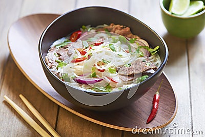 Vietnamese food, rice noodle soup with sliced beef Stock Photo