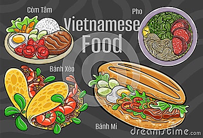 Vietnamese food. A set of classic dishes. Cartoon hand drawn illustration Vector Illustration