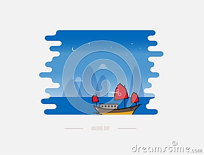 Vietnamese junk boat cruise in Halong bay during sunrise vector illustration Vector Illustration